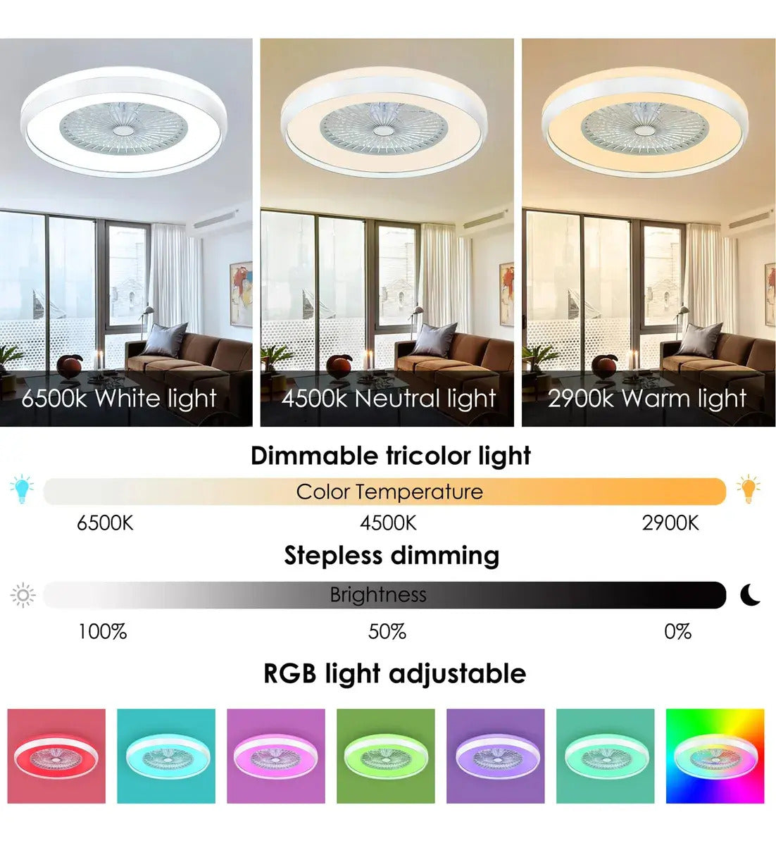 Luz regulable blanca, neutra, cálida y RGB del ventilador de techo de 24 pulgadas