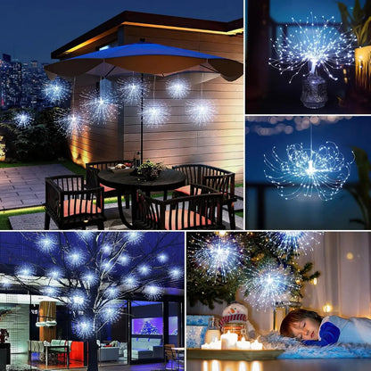 Luz LED efecto fuego artificial en patio, árbol y espacios interiores