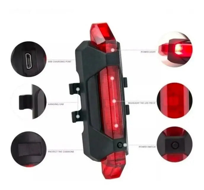 Luz de bicicleta recargable con puerto USB y botón de encendido