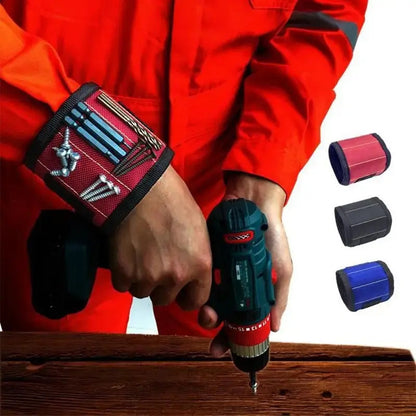 Pulsera magnética con tornillos y brocas durante trabajo con taladro