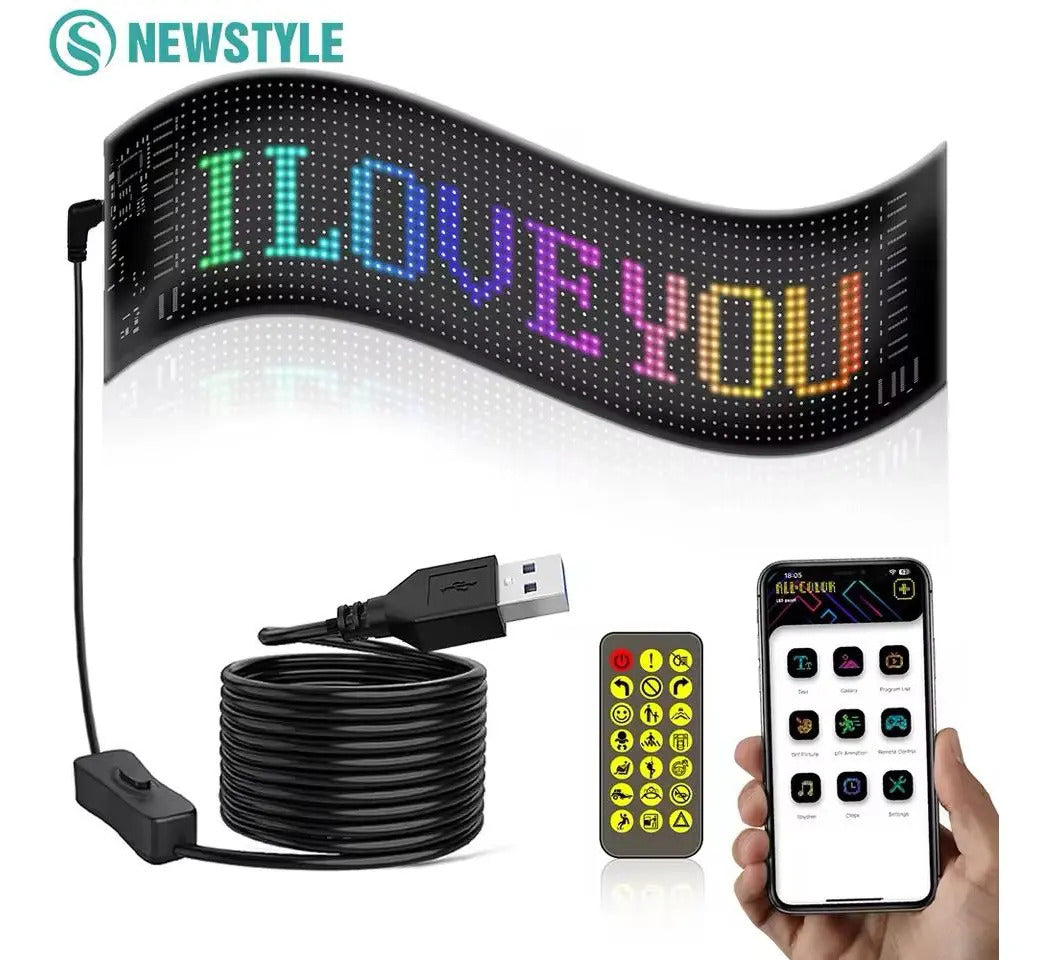 Pantalla LED flexible conectada por USB a distintas fuentes de energía