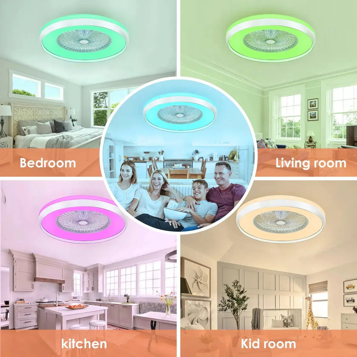 Ventilador de techo RGB con luz instalado en dormitorio, living, cocina y pieza infantil