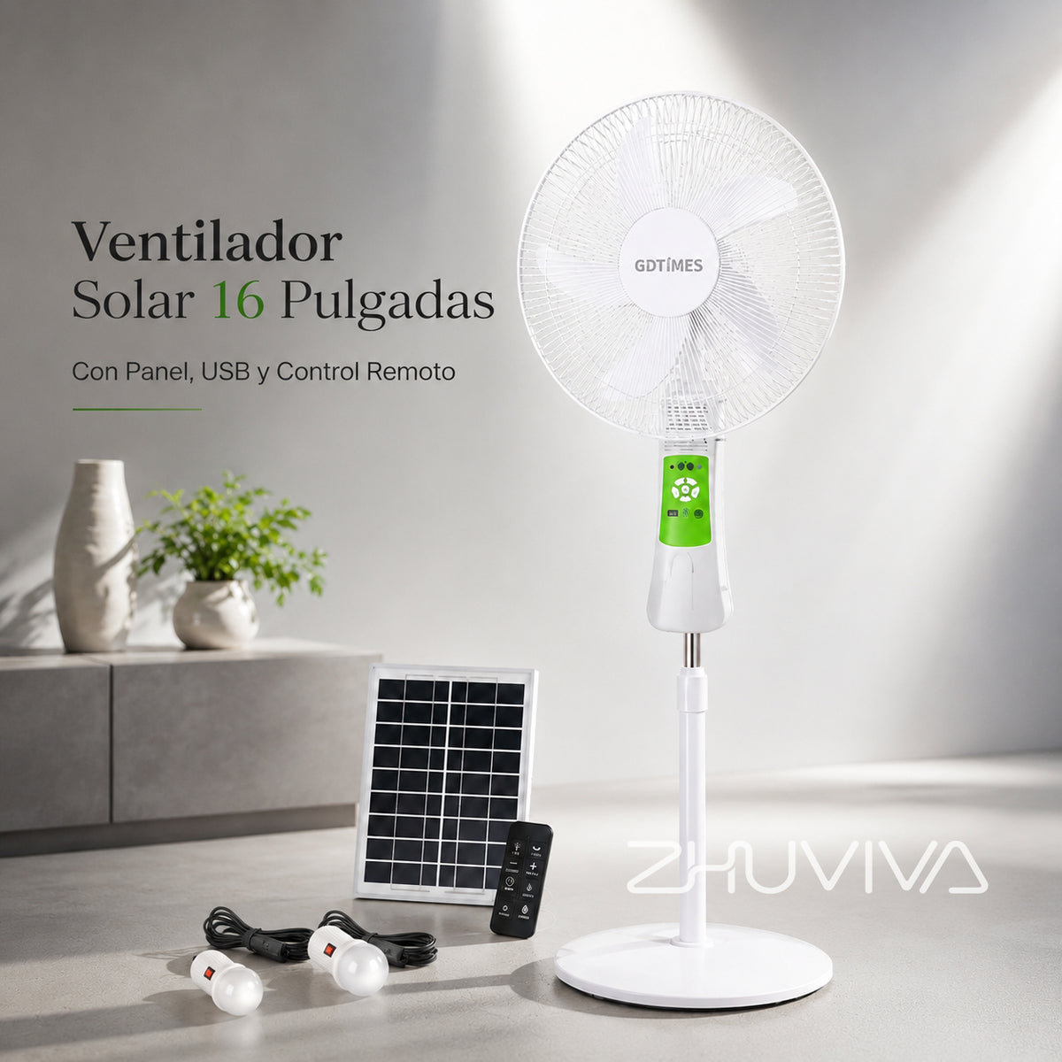 Ventilador solar de pedestal blanco con panel solar, control remoto y salida USB