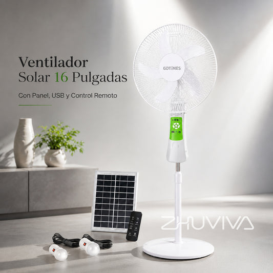 Ventilador solar de pedestal blanco con panel solar, control remoto y salida USB