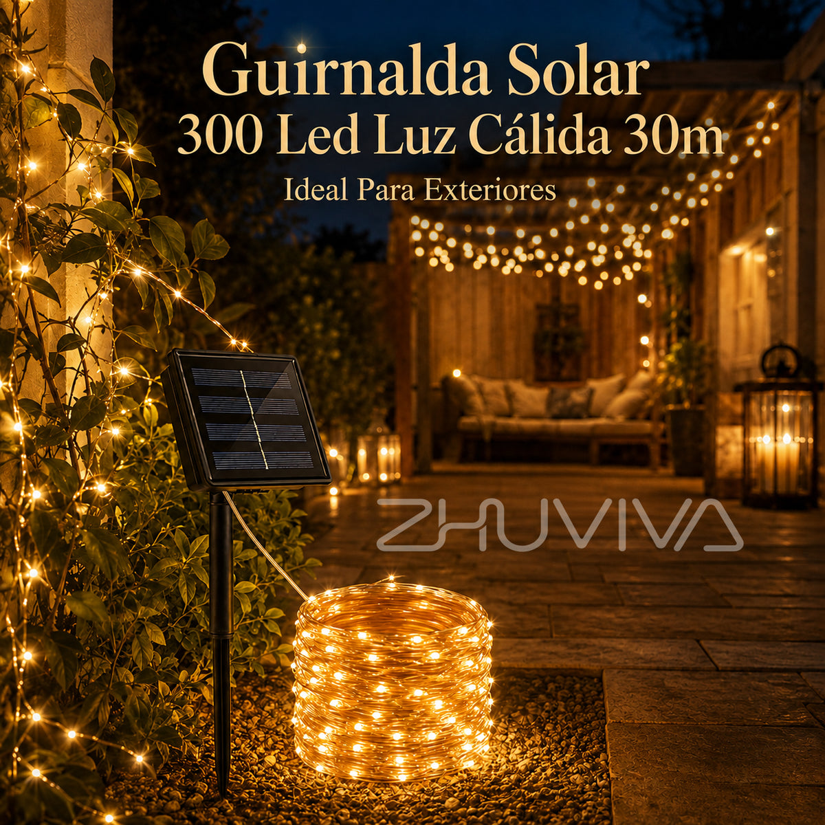 Guirnalda solar LED de 300 luces cálidas con panel y estaca