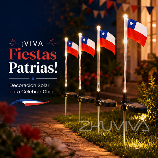 Pack de 4 luces solares con bandera chilena instaladas en jardín