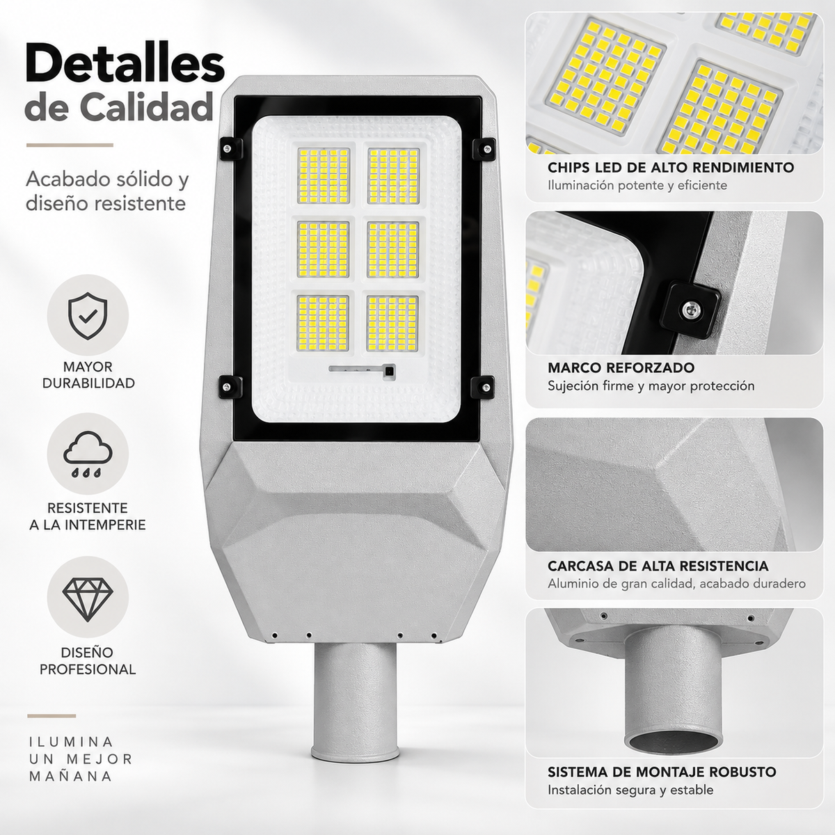 Detalle de chips LED y carcasa reforzada de foco solar para exterior