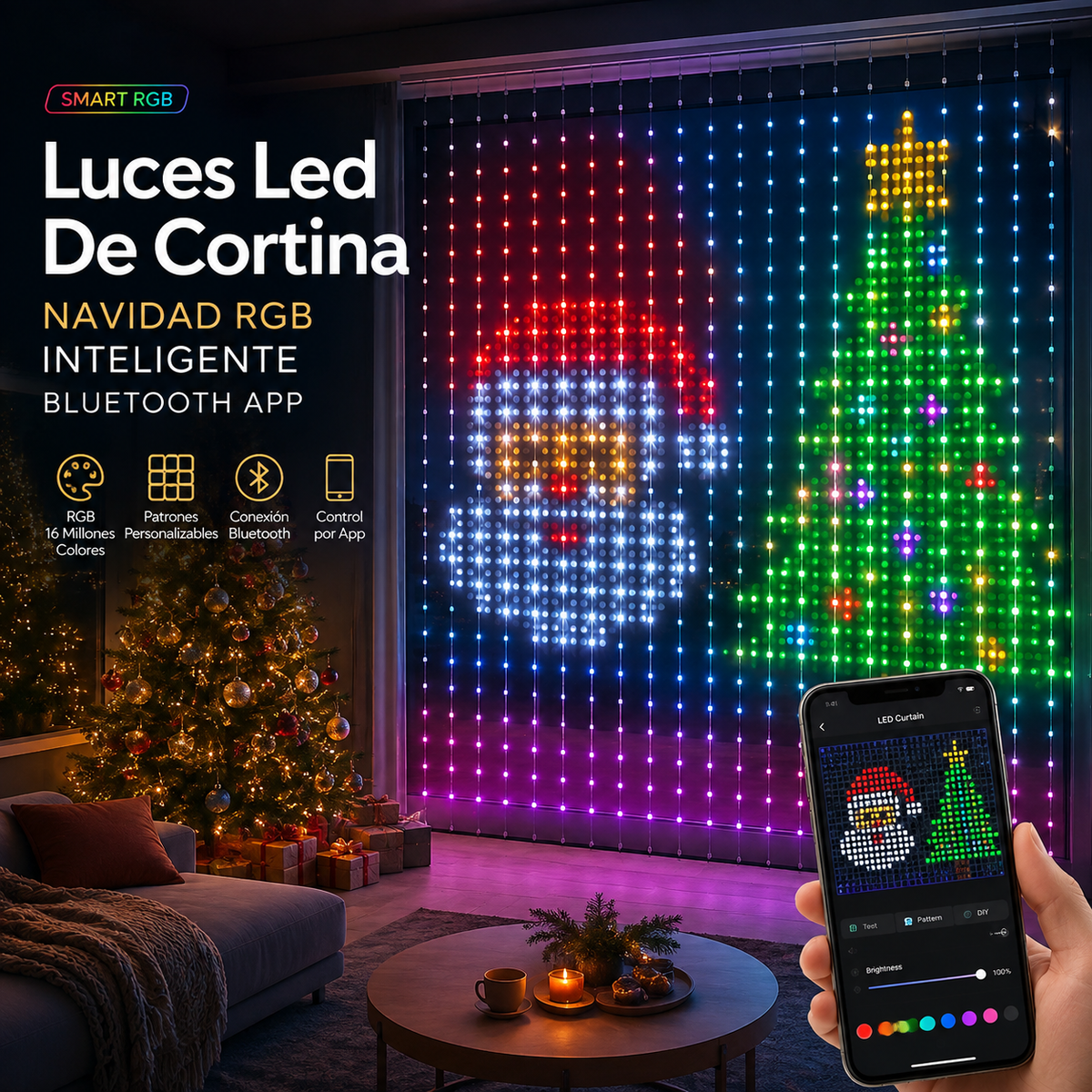 Cortina LED RGB inteligente mostrando figuras navideñas en ventana