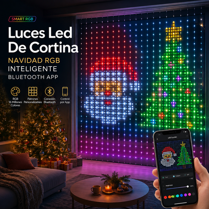 Cortina LED RGB inteligente mostrando figuras navideñas en ventana