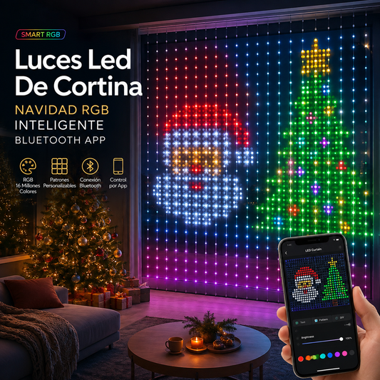 Cortina LED RGB inteligente mostrando figuras navideñas en ventana