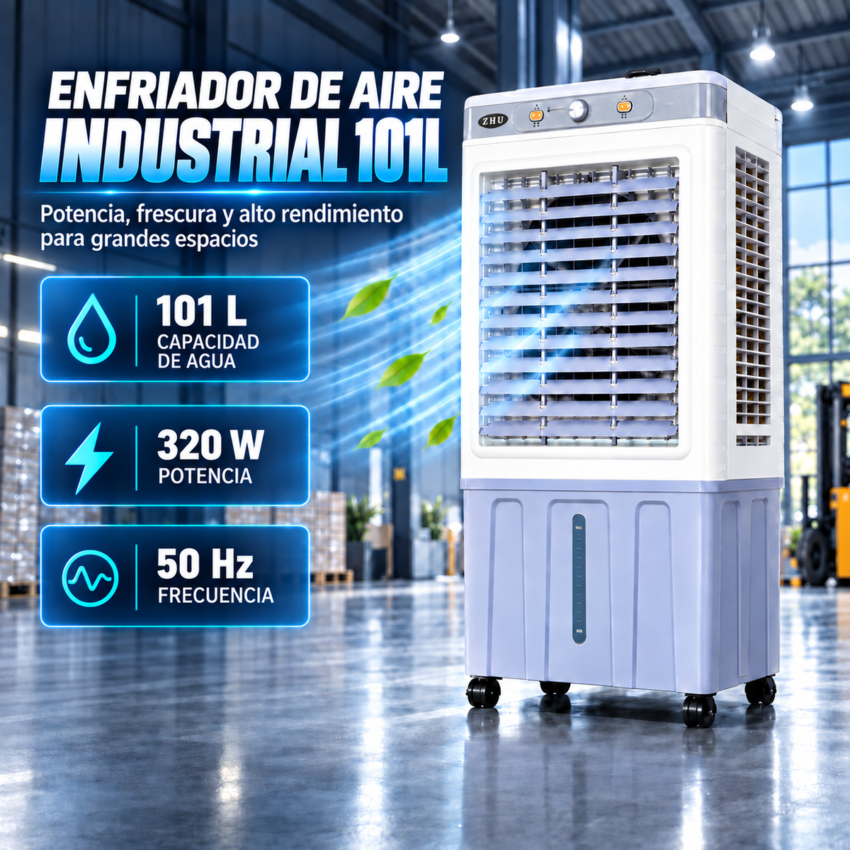 ZHU|Enfriador de Aire Industrial 101L 320W para Grandes Espacios