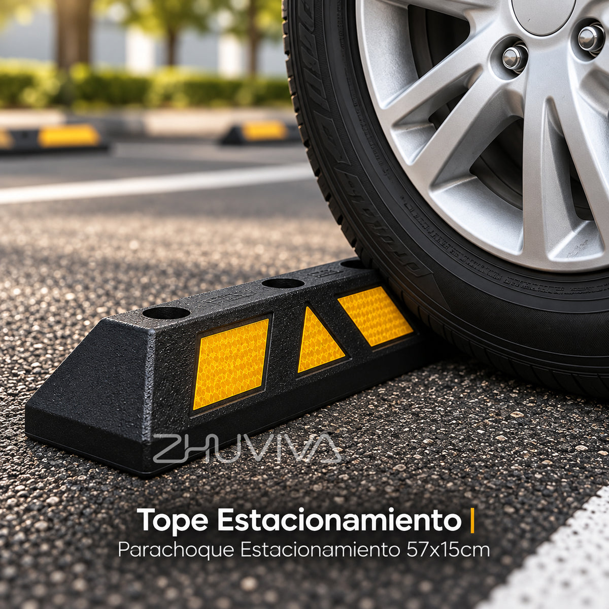 Tope de Estacionamiento Reflectivo Negro 55 x 15 x 10 cm para Auto y Garaje