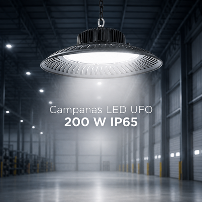 Campana LED UFO 200W IP65 encendida en galpón industrial