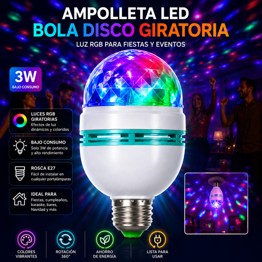 Ampolleta LED bola disco giratoria RGB 3W E27 para fiestas y eventos