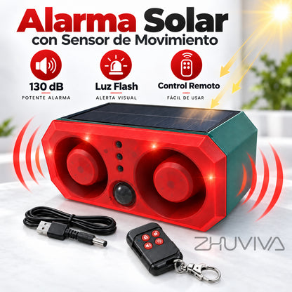 Alarma Solar con Sensor de Movimiento 130 dB, Luz Flash y Control Remoto