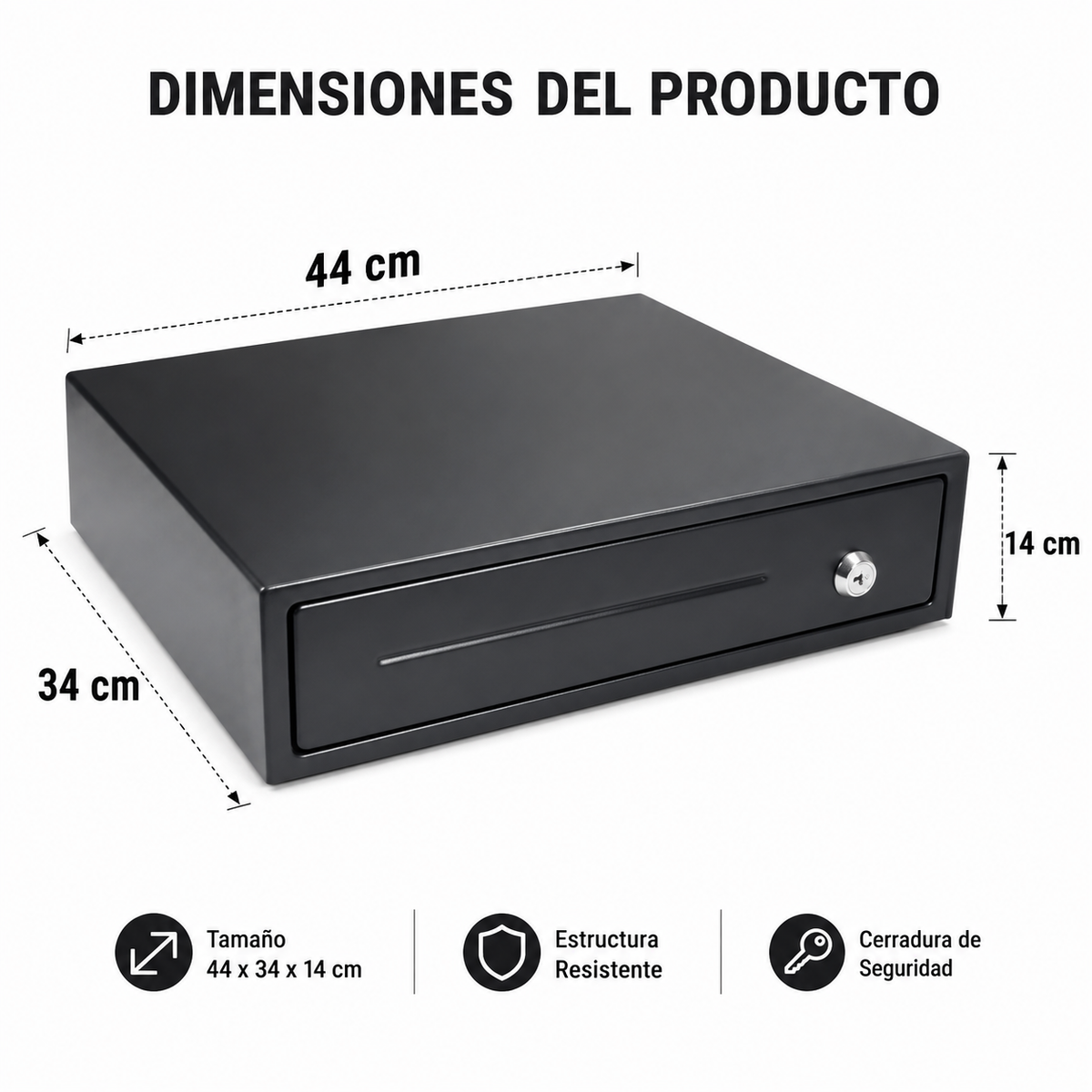 Medidas de caja de efectivo metálica negra de 44 x 34 x 14 cm con cerradura