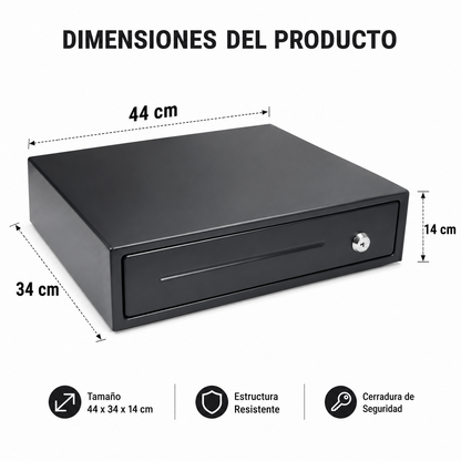 Medidas de caja de efectivo metálica negra de 44 x 34 x 14 cm con cerradura