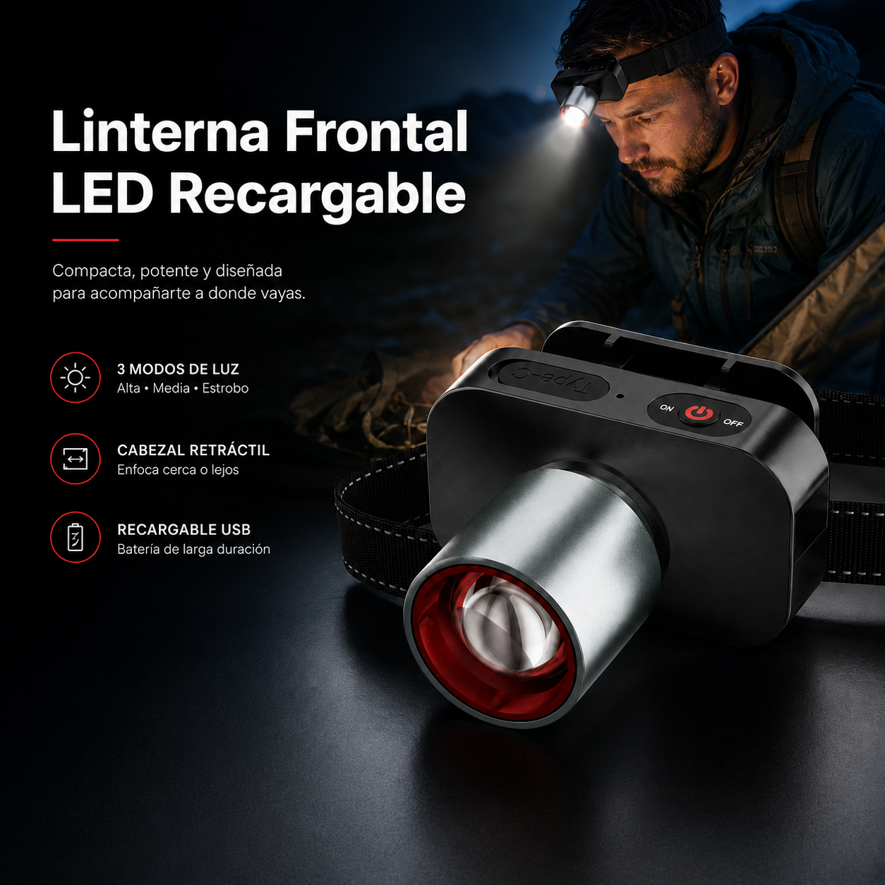 Linterna Frontal LED Recargable USB-C 300 lm con Zoom y Clip