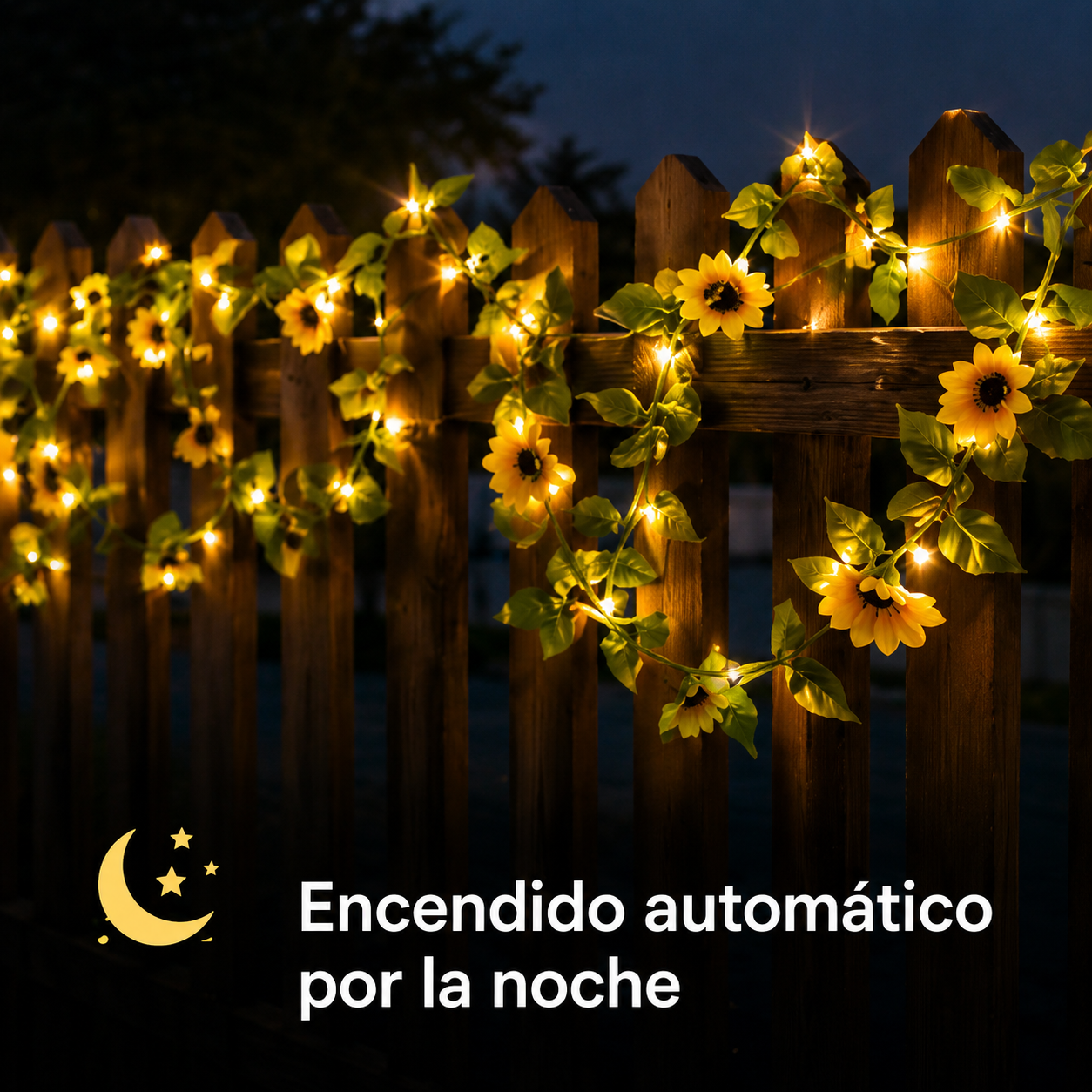 Guirnalda solar de girasoles con encendido automático nocturno para cercos y vallas