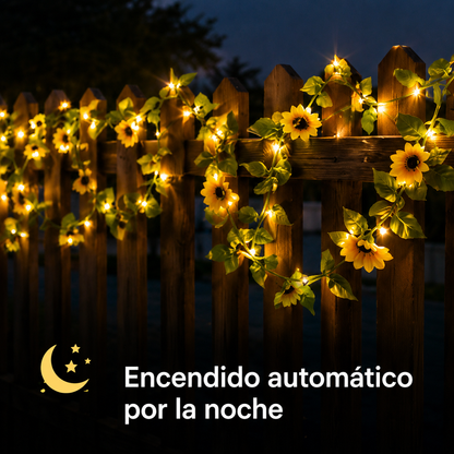 Guirnalda solar de girasoles con encendido automático nocturno para cercos y vallas