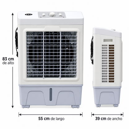 Medidas del enfriador evaporativo industrial con 83 cm de alto, 55 cm de largo y 39 cm de ancho