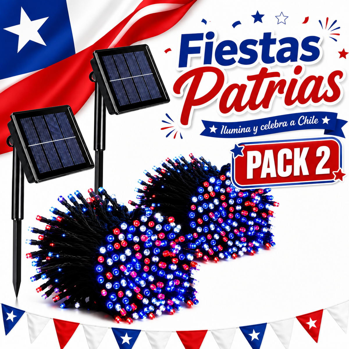 Pack de 2 guirnaldas solares LED tricolor para Fiestas Patrias