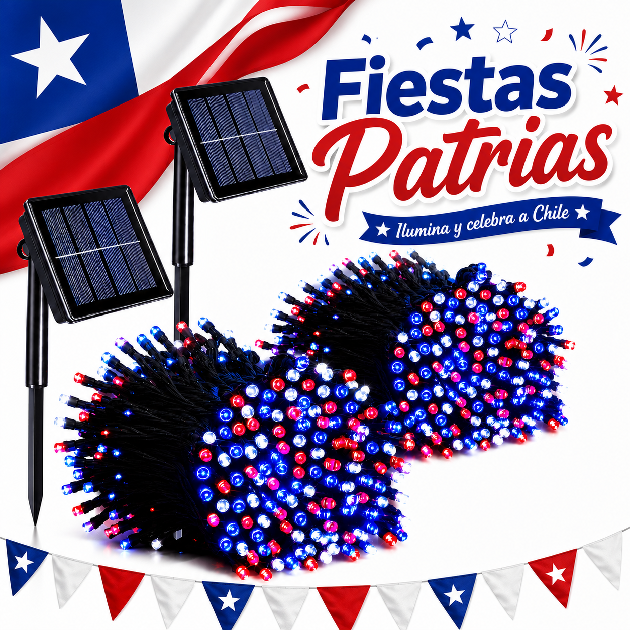 guirnaldas solares LED tricolor para Fiestas Patrias