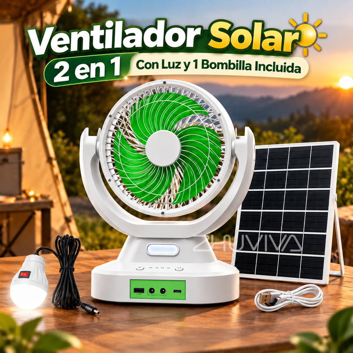 Ventilador Solar Portátil 2 en 1 con Lámpara LED y Panel 6V para Camping, Hogar y Emergencias