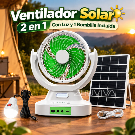 Ventilador Solar Portátil 2 en 1 con Lámpara LED y Panel 6V para Camping, Hogar y Emergencias