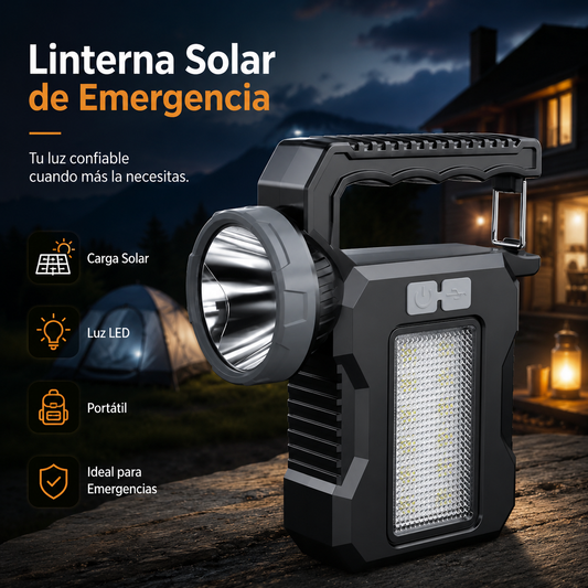 Linterna solar LED portátil 20W recargable para emergencia, camping y hogar