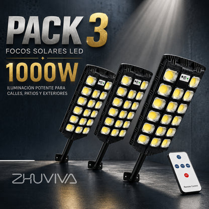 Pack 3 focos solares LED 1000W con sensor y control remoto para patio y exterior