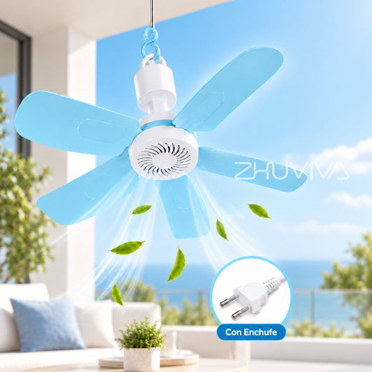 Ventilador colgante celeste con enchufe para dormitorio y espacios pequeños