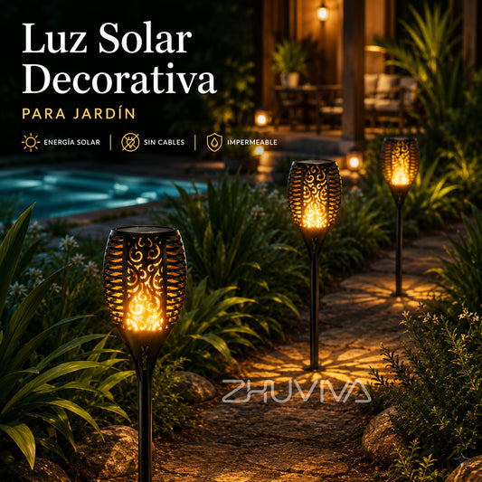 Antorcha Solar LED Exterior 50W IP65 ZHU- Ideal para Jardín y Terraza - Luz Cálida Efecto Llama con Estaca