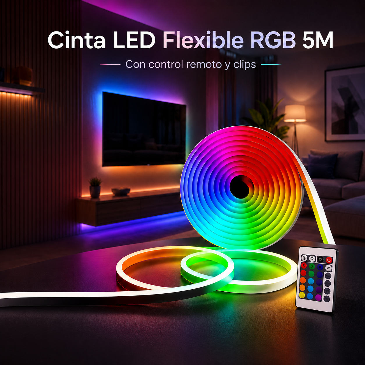 Cinta LED flexible RGB 5m con control remoto y clips para decoración