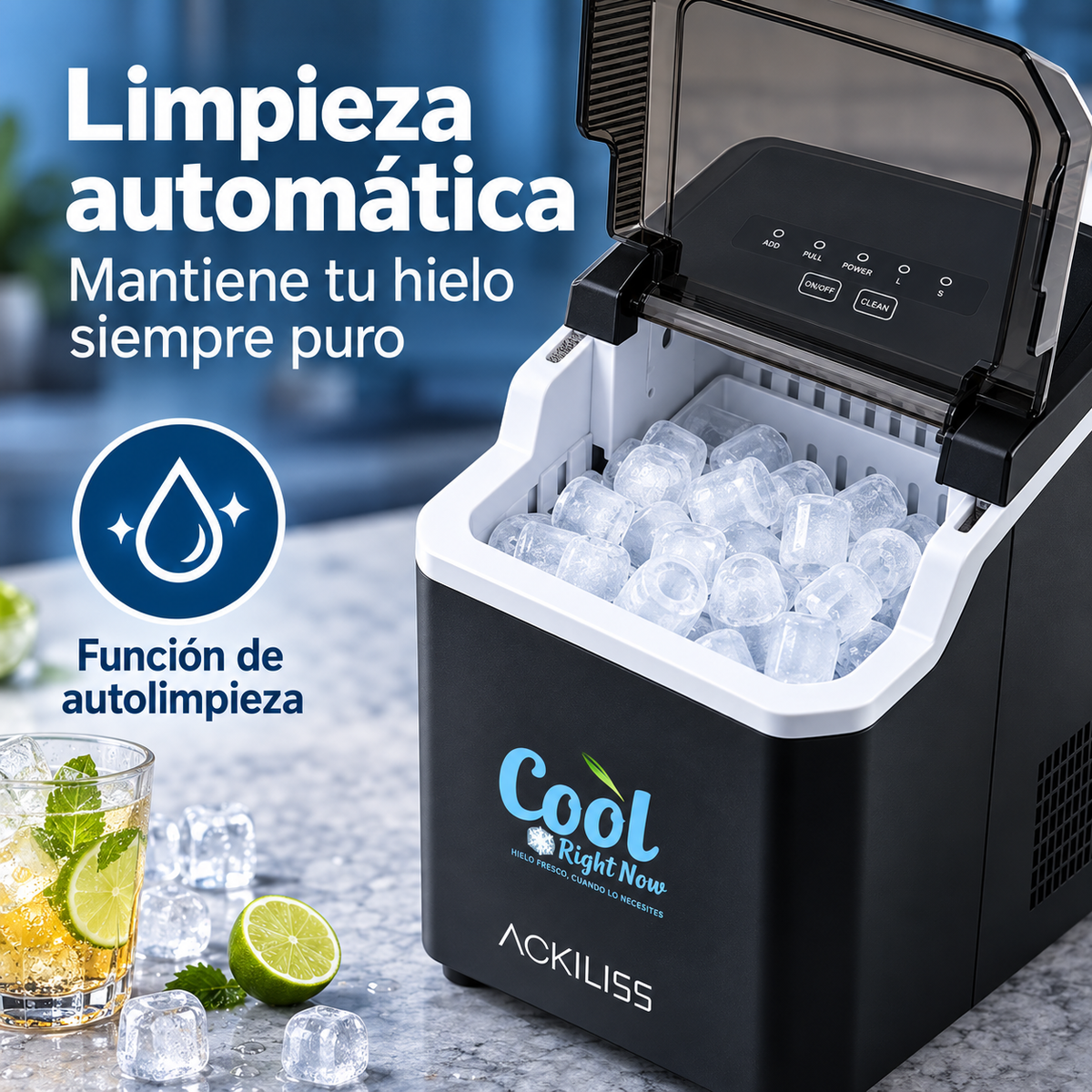 Máquina de Hielo Portátil 85W 12 kg/día con Autolimpieza para Hogar, Cocina, Quincho y Fiestas