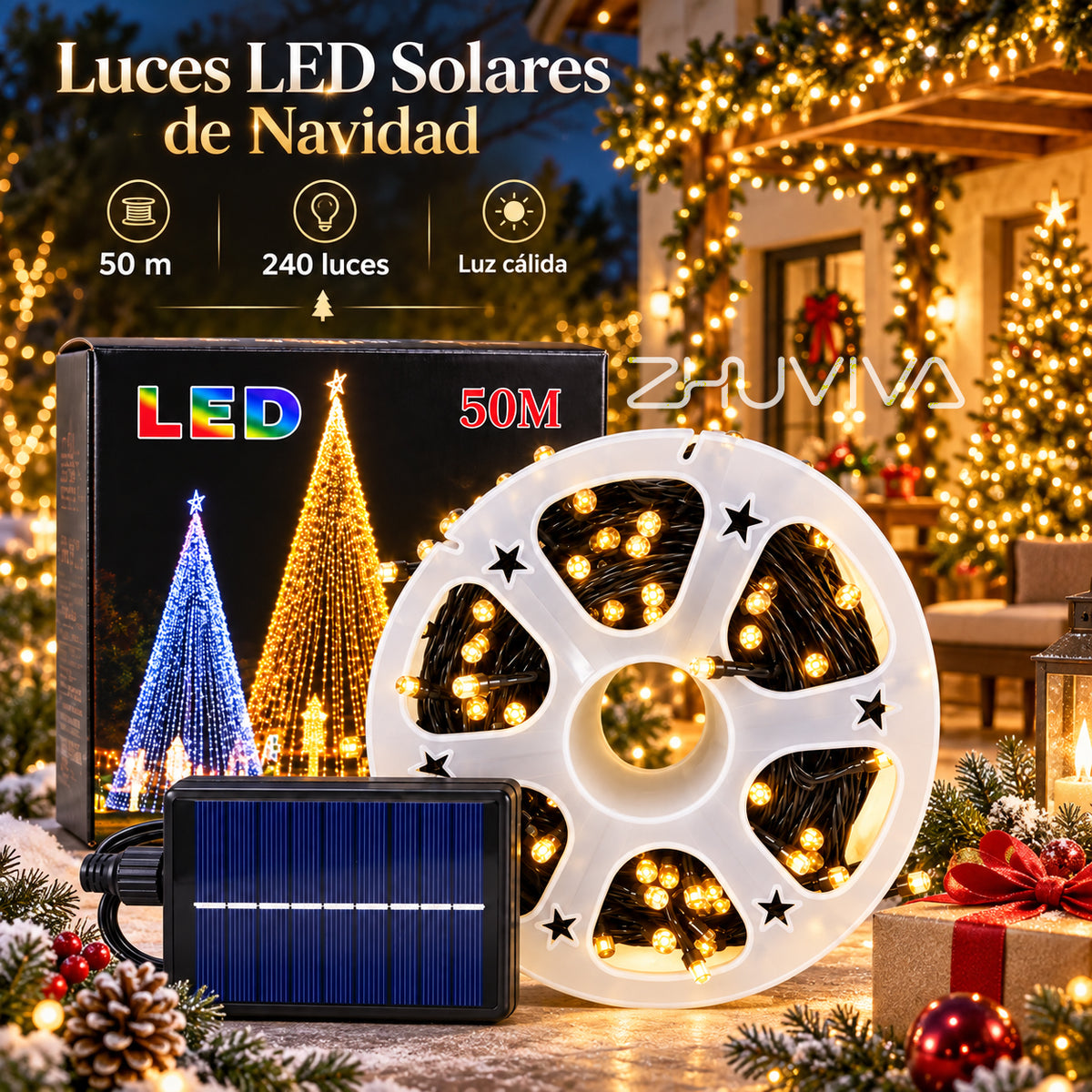 Guirnalda Solar LED 50M 240 Luces para Navidad,Exterior y Decoración