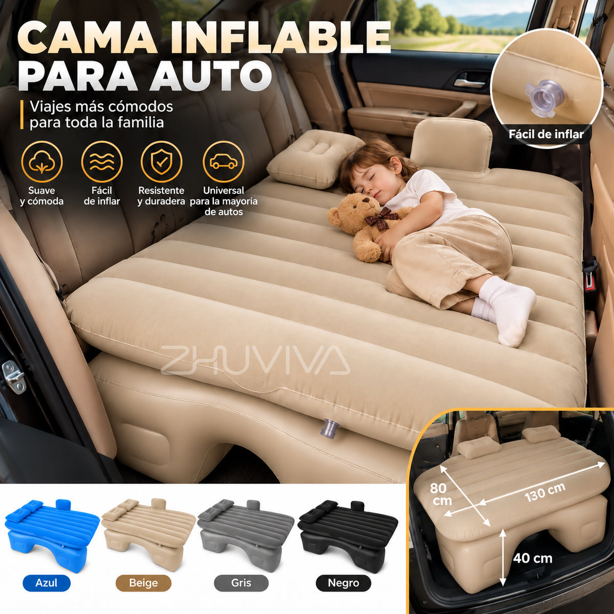 Cama Inflable para Auto 130 x 80 x 40 cm con Bomba Eléctrica para Viajes y Camping