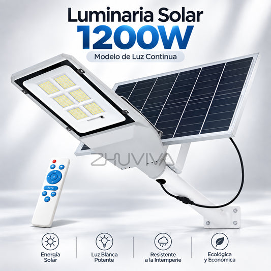 Foco solar LED 1200W con panel solar, soporte y control remoto