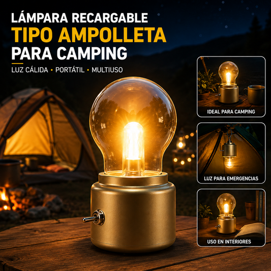 Lámpara recargable tipo ampolleta con luz cálida para camping