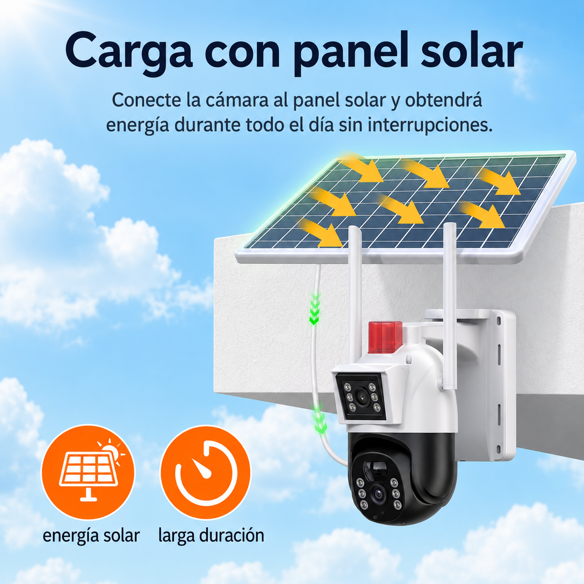 Cámara exterior de doble lente conectada a panel solar para carga diurna