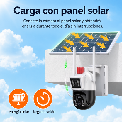 Cámara exterior de doble lente conectada a panel solar para carga diurna