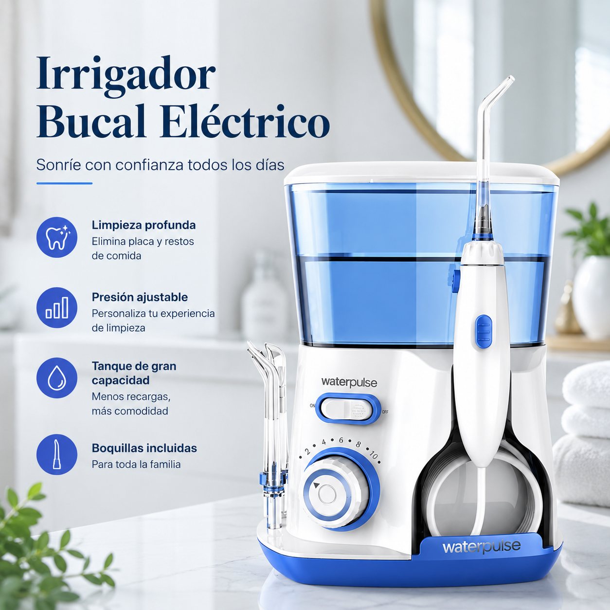 Irrigador bucal eléctrico Waterpulse 800ml con 10 niveles de presión