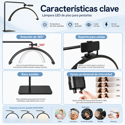 Lámpara Media Luna LED 36W de Pie con Control para Pestañas, Maquillaje y Estética