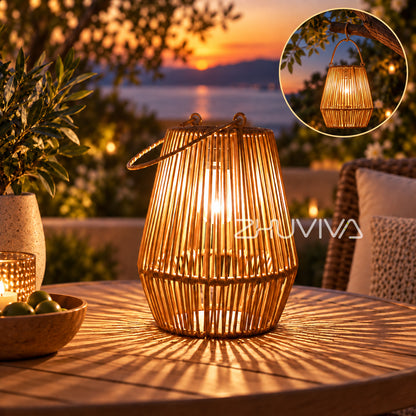 Lámpara Solar Tejida de Bambú con Luz Cálida para Jardín Exterior y Decoracion