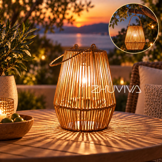 Lámpara Solar Tejida de Bambú con Luz Cálida para Jardín Exterior y Decoracion