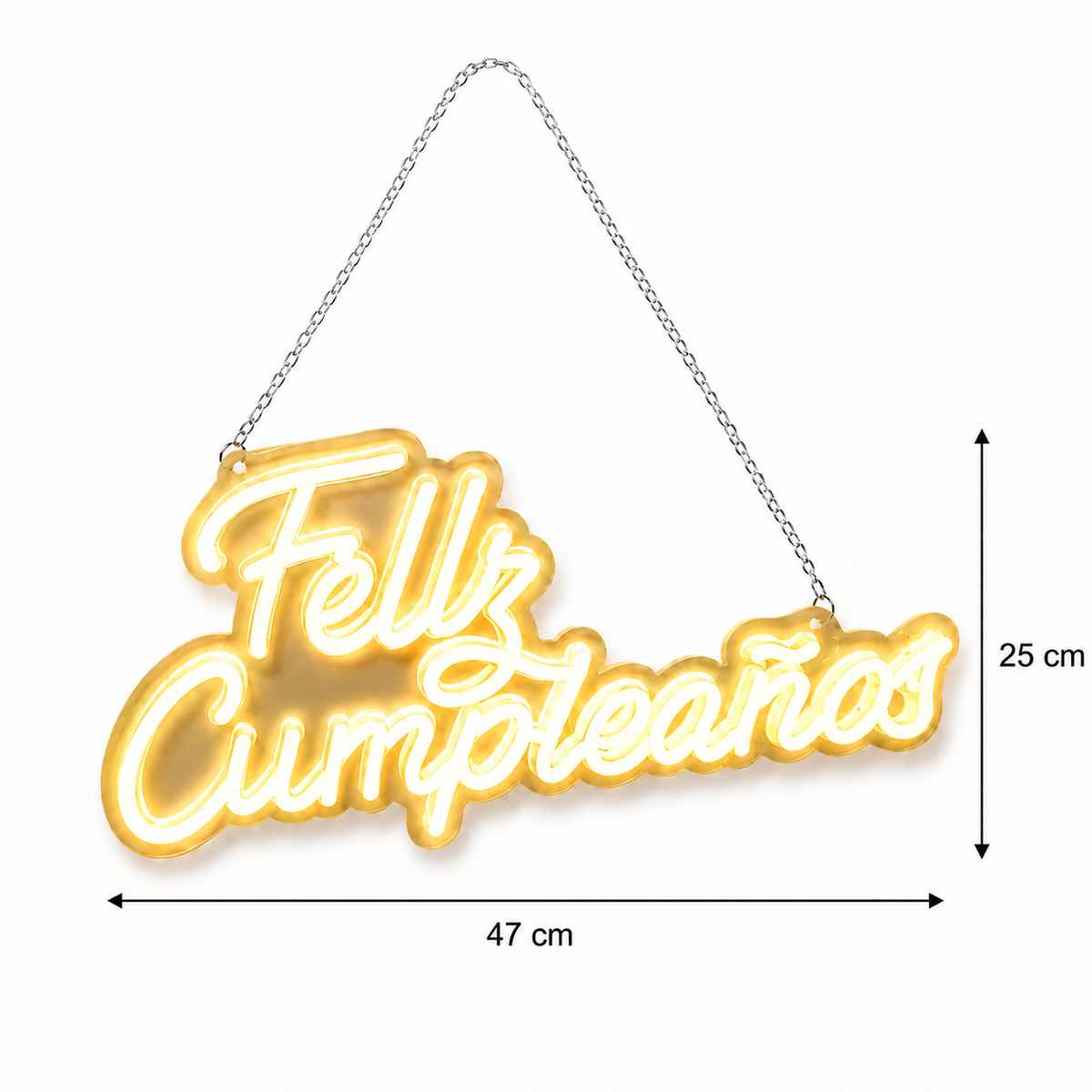 Letrero neón Feliz Cumpleaños en luz cálida colgado para fondo de fotos