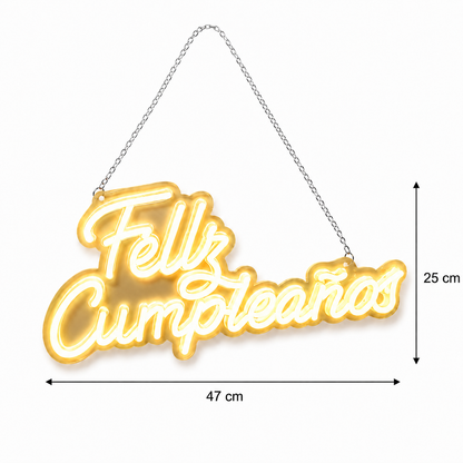 Letrero neón Feliz Cumpleaños en luz cálida colgado para fondo de fotos