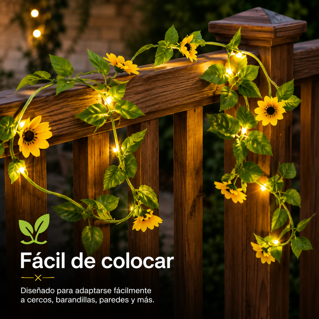 Guirnalda LED solar de girasoles fácil de colocar en barandillas cercos y paredes