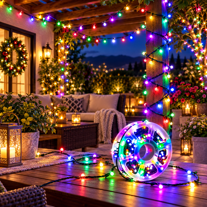 Guirnalda LED multicolor instalada en terraza para decoración navideña