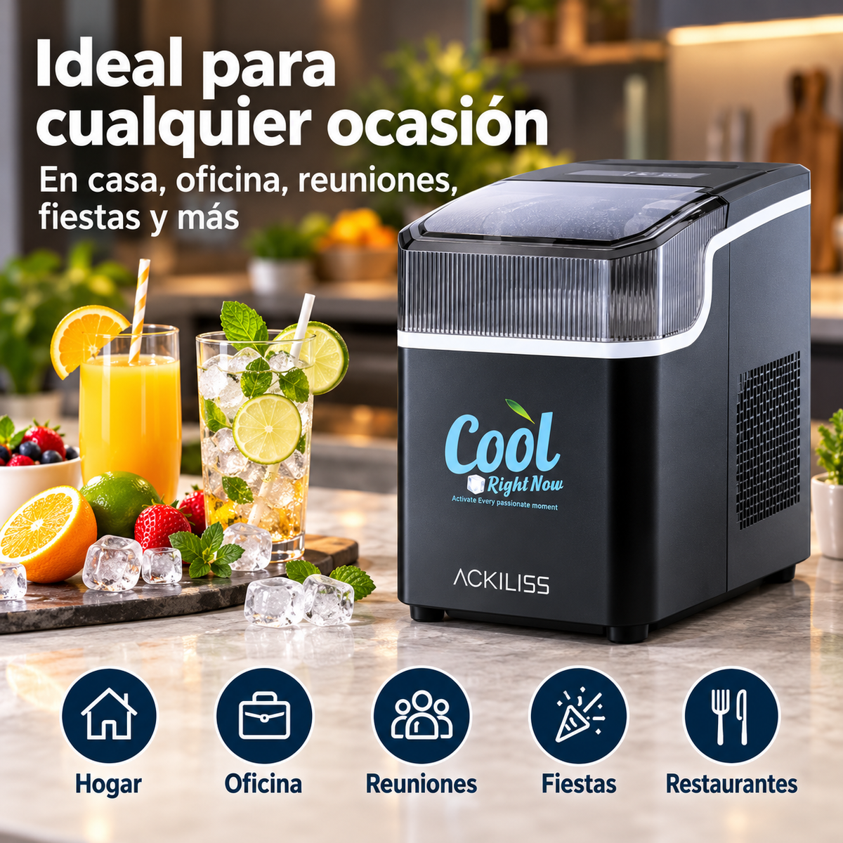 Máquina de Hielo Portátil 85W 12 kg/día con Autolimpieza para Hogar, Cocina, Quincho y Fiestas